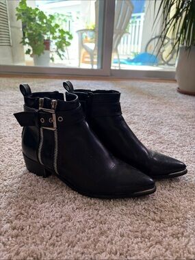 Nasty Gal Black Pointed Leather Ankle Boots with Side Zip and Buckle